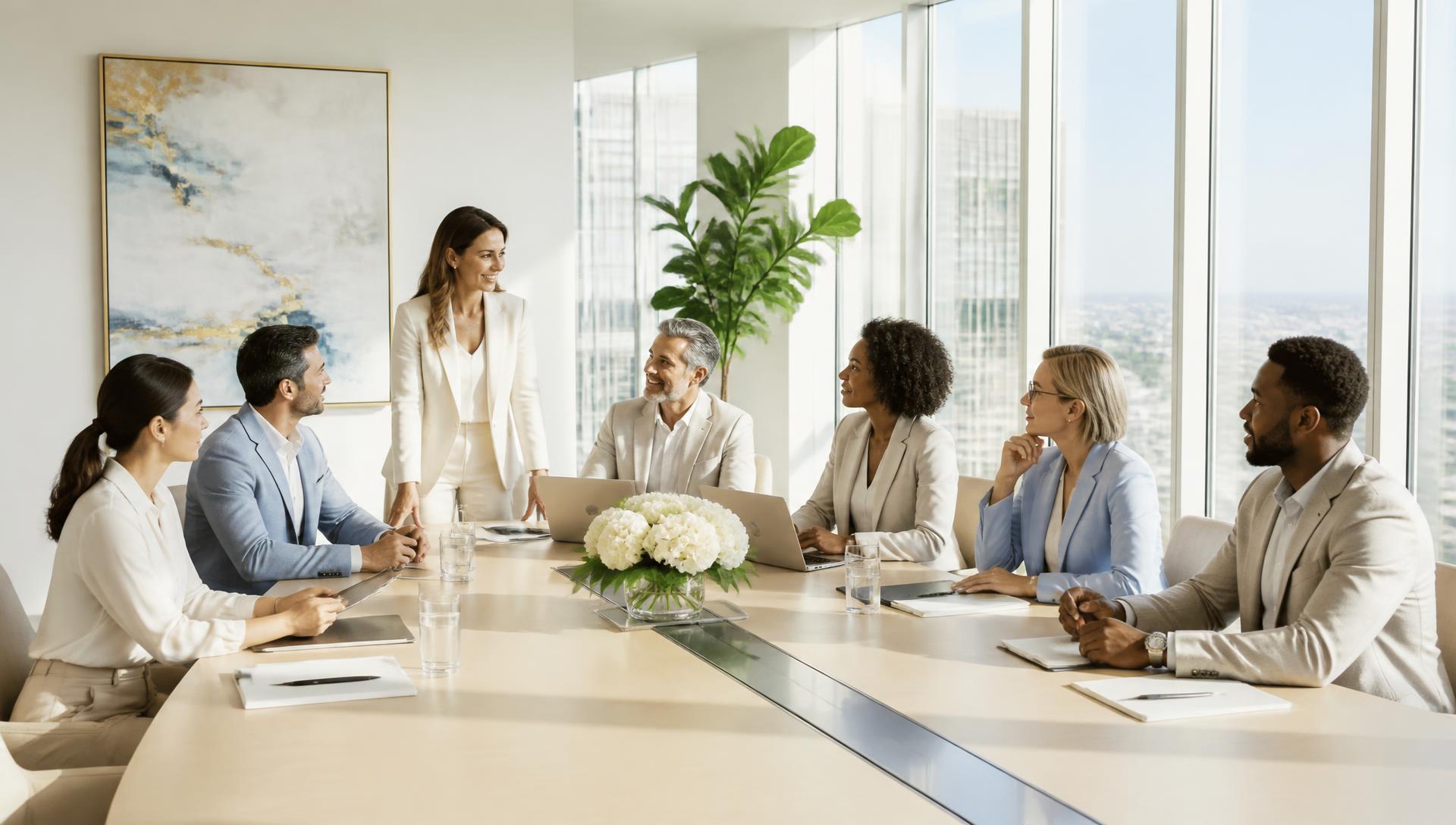 Executive leadership team in discussion in a modern boardroom at dusk